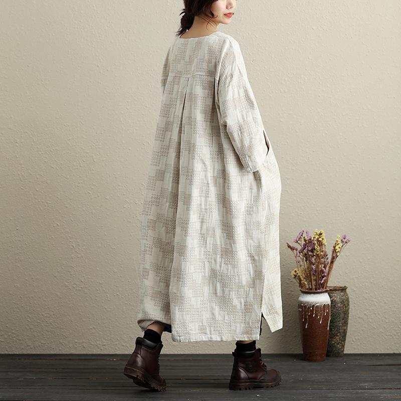 V Neck Long Sleeves Cotton Linen Casual Women Beige Dress