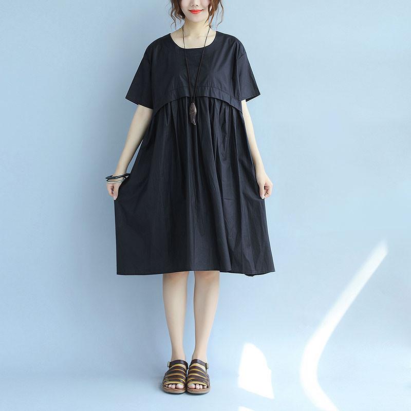 Splicing Loose Casual Ice Cotton Women Summer Irregular Black Dress
