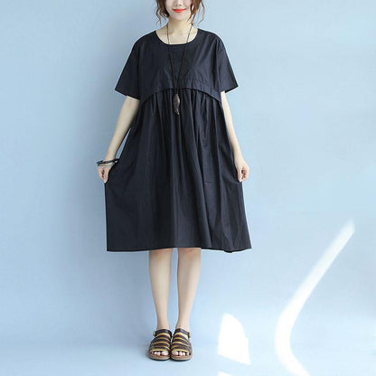 Splicing Loose Casual Ice Cotton Women Summer Irregular Black Dress