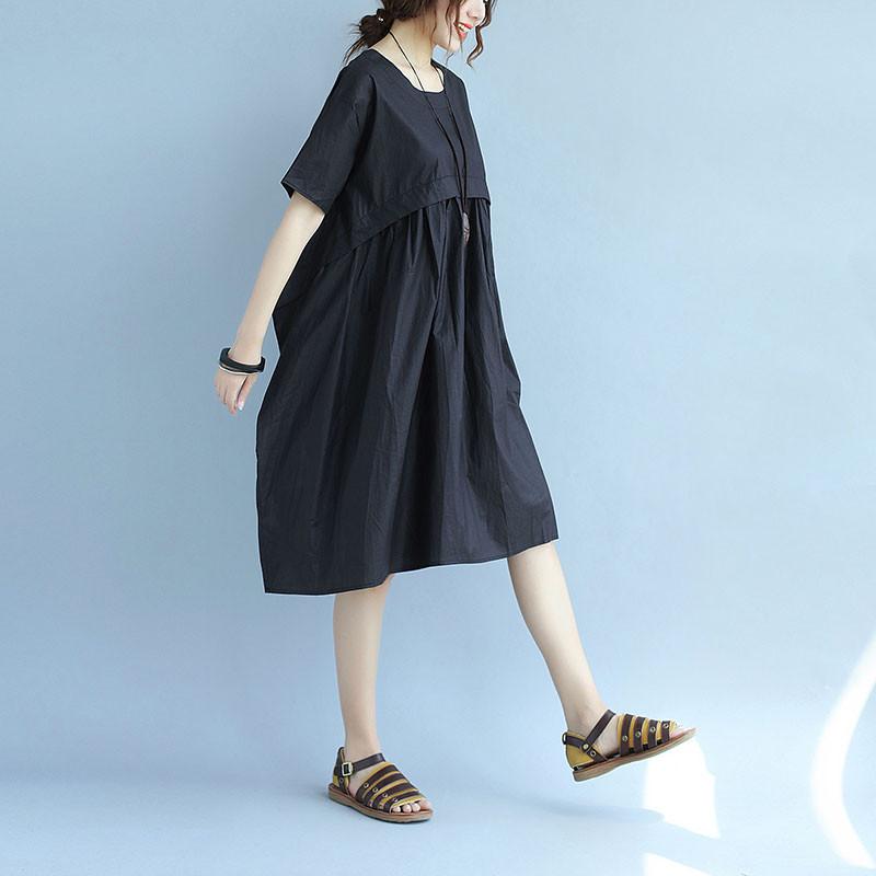 Splicing Loose Casual Ice Cotton Women Summer Irregular Black Dress
