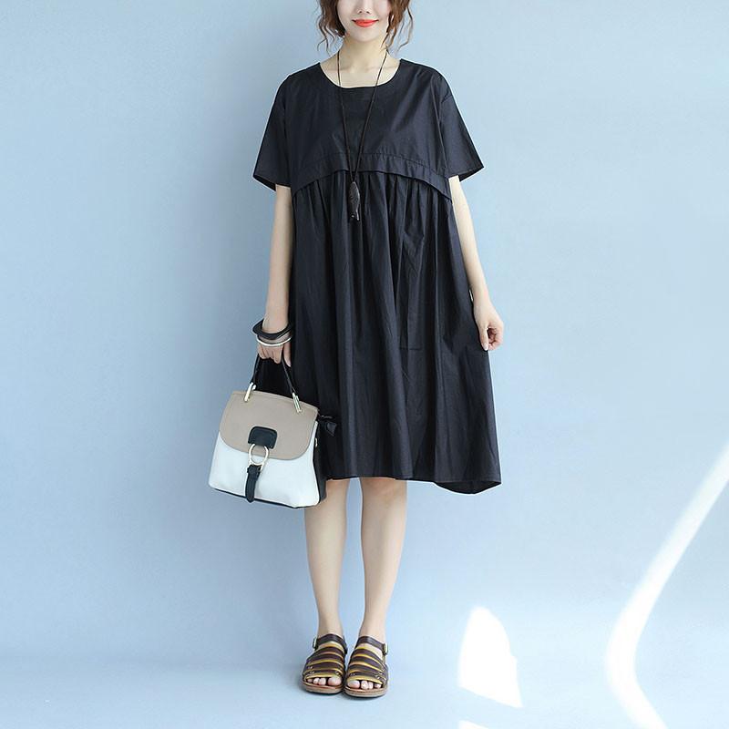 Splicing Loose Casual Ice Cotton Women Summer Irregular Black Dress