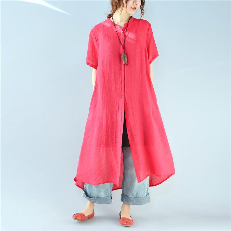 Loose Black Stripes Short Sleeve Pocket Casual Women Red Dress