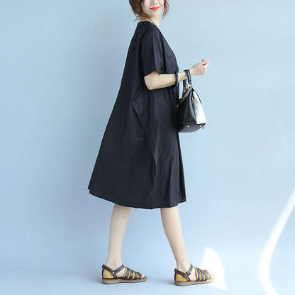 Splicing Loose Casual Ice Cotton Women Summer Irregular Black Dress