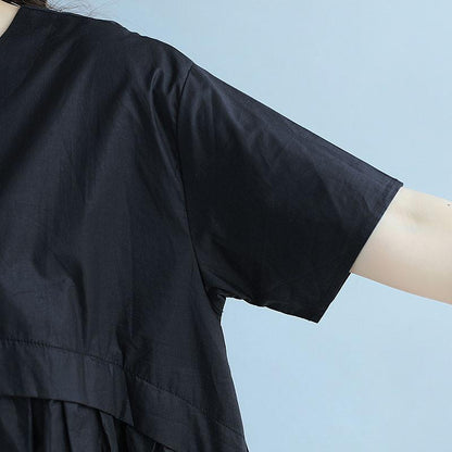 Splicing Loose Casual Ice Cotton Women Summer Irregular Black Dress