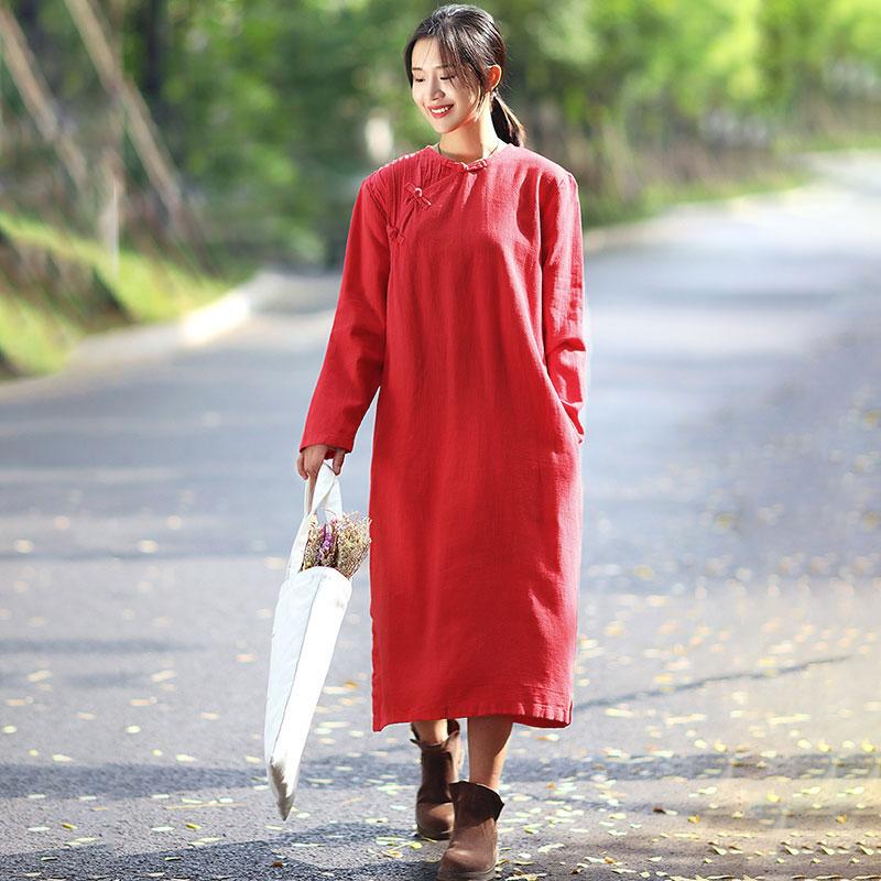 Flax Frogs Retro Long Sleeve Pockets Pleated Side Slit Dress