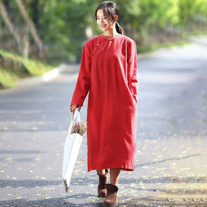 Flax Frogs Retro Long Sleeve Pockets Pleated Side Slit Dress