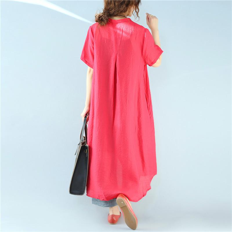 Loose Black Stripes Short Sleeve Pocket Casual Women Red Dress
