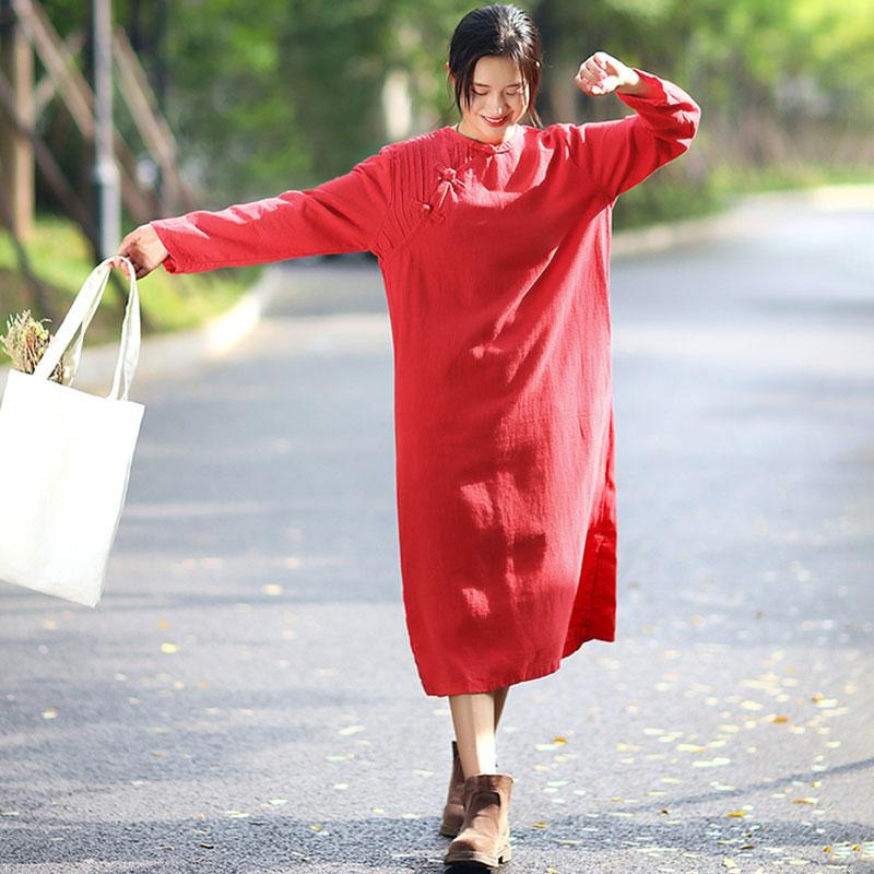 Flax Frogs Retro Long Sleeve Pockets Pleated Side Slit Dress