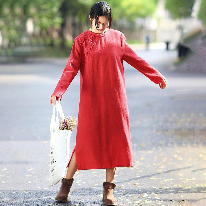 Flax Frogs Retro Long Sleeve Pockets Pleated Side Slit Dress