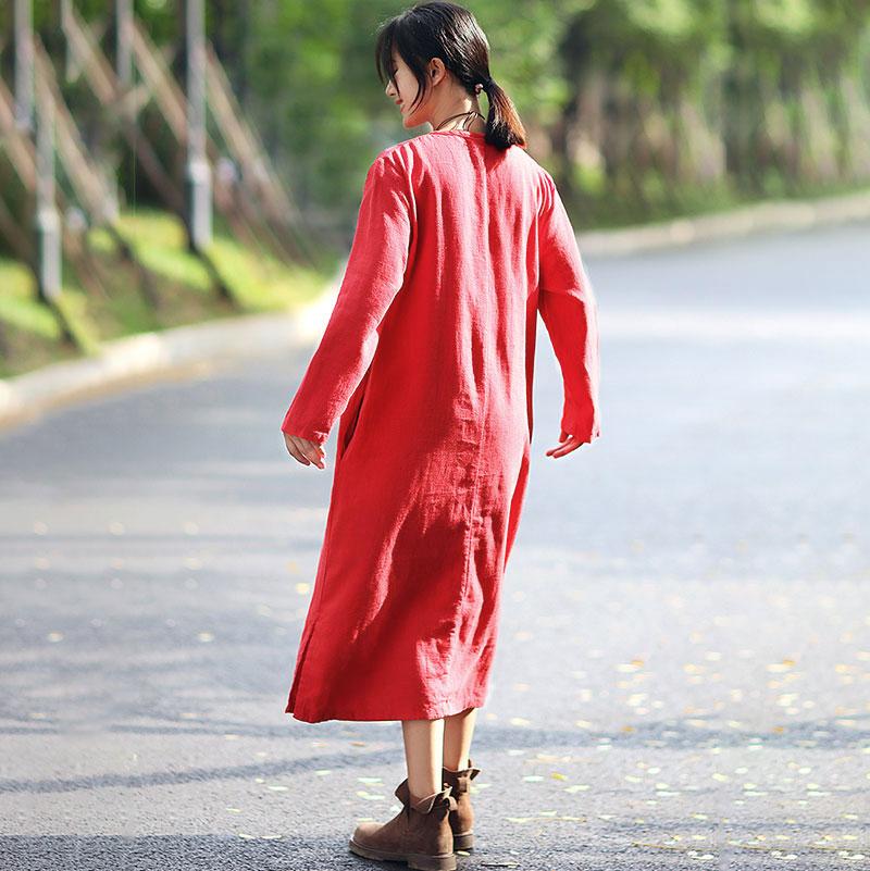 Flax Frogs Retro Long Sleeve Pockets Pleated Side Slit Dress