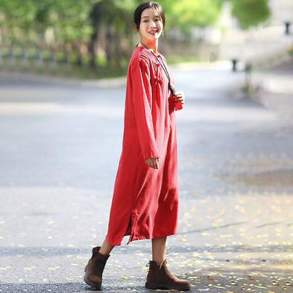 Flax Frogs Retro Long Sleeve Pockets Pleated Side Slit Dress