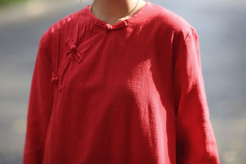 Flax Frogs Retro Long Sleeve Pockets Pleated Side Slit Dress