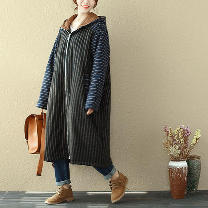 Women Hoodies Zipper Casual Long Sleeve Pockets Stripe Coat