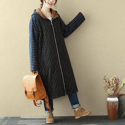 Women Hoodies Zipper Casual Long Sleeve Pockets Stripe Coat