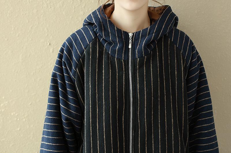 Women Hoodies Zipper Casual Long Sleeve Pockets Stripe Coat