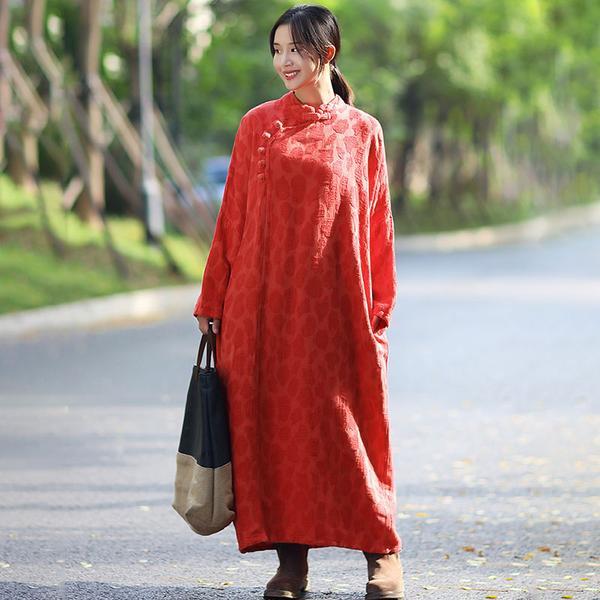 Retro Women Stand Collar Long Sleeve Dress