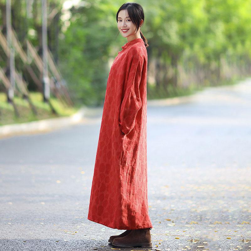 Retro Women Stand Collar Shoulder Sleeve Red Long Dress