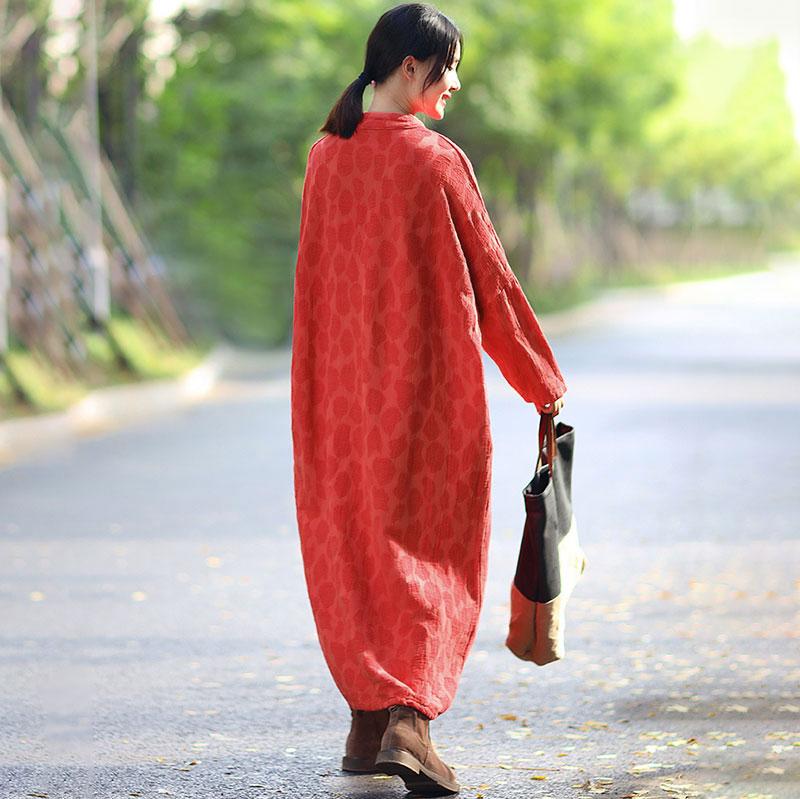 Retro Women Stand Collar Shoulder Sleeve Red Long Dress
