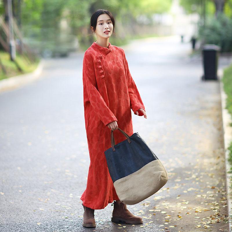 Retro Women Stand Collar Shoulder Sleeve Red Long Dress