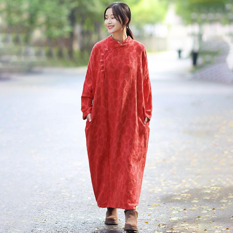 Retro Women Stand Collar Shoulder Sleeve Red Long Dress