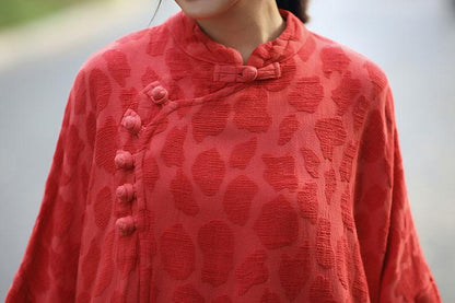 Retro Women Stand Collar Shoulder Sleeve Red Long Dress