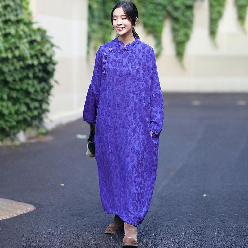 Retro Women Stand Collar Long Sleeve Dress