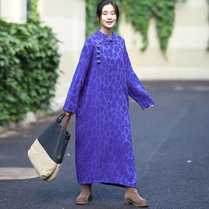 Retro Women Stand Collar Long Sleeve Vintage Dress