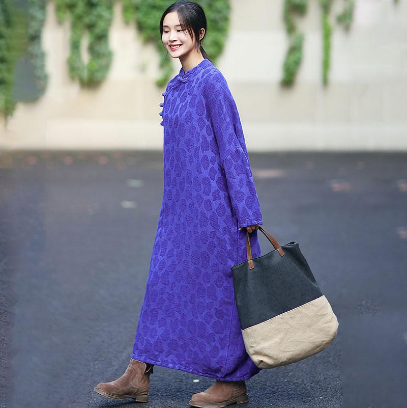 Retro Stand Collar Frogs Long Sleeve Pockets Dress