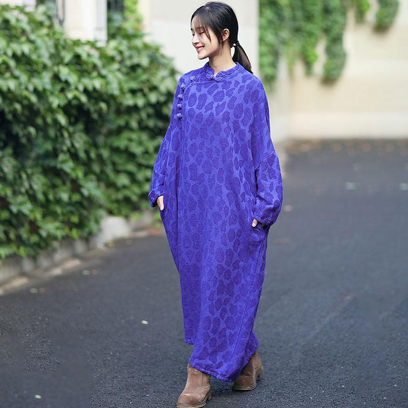 Retro Women Stand Collar Long Sleeve Dress