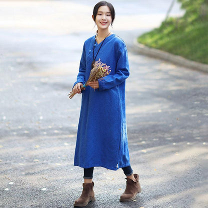 Retro Long Sleeve Pockets Frogs Side Slit Blue Dress
