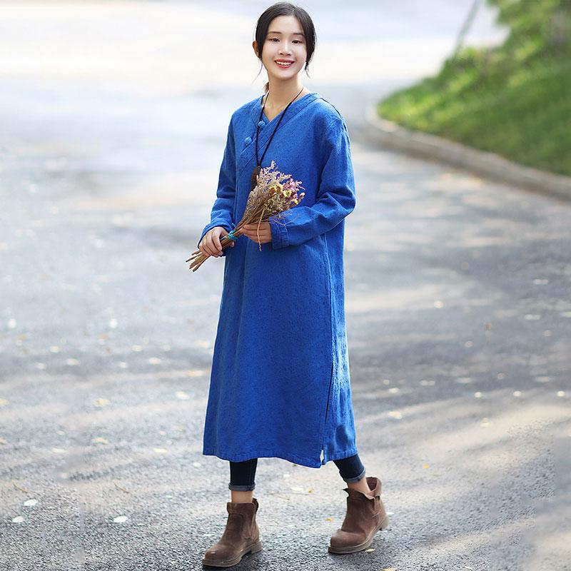 Vintage Women Loose Long Sleeve Split Blue Dress