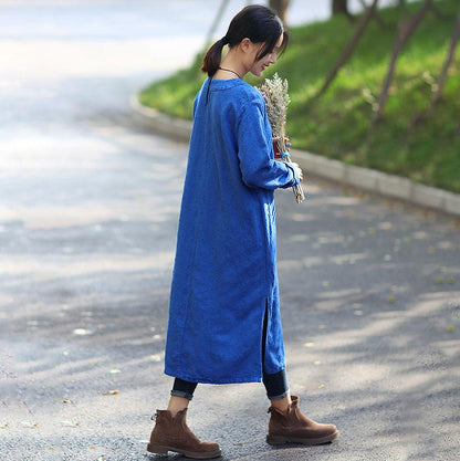 Retro Long Sleeve Pockets Frogs Side Slit Blue Dress