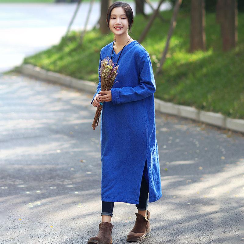 Vintage Women Loose Long Sleeve Split Blue Dress