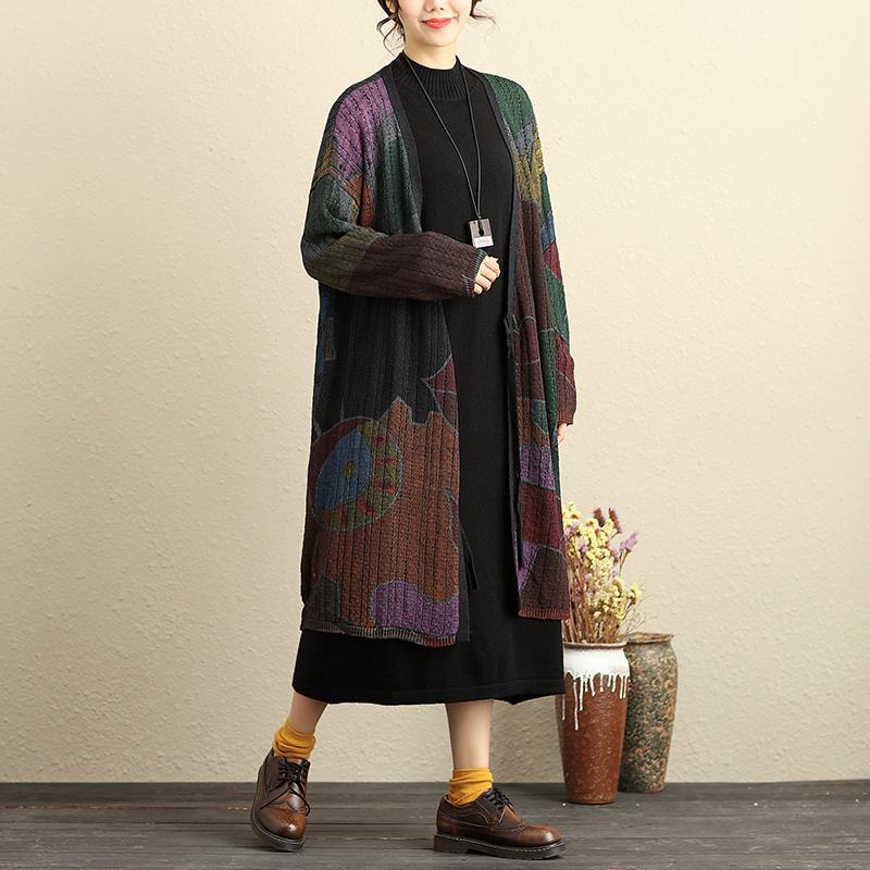 Lacing Long Sleeve Printing Open-Knitting Cardigan Coat
