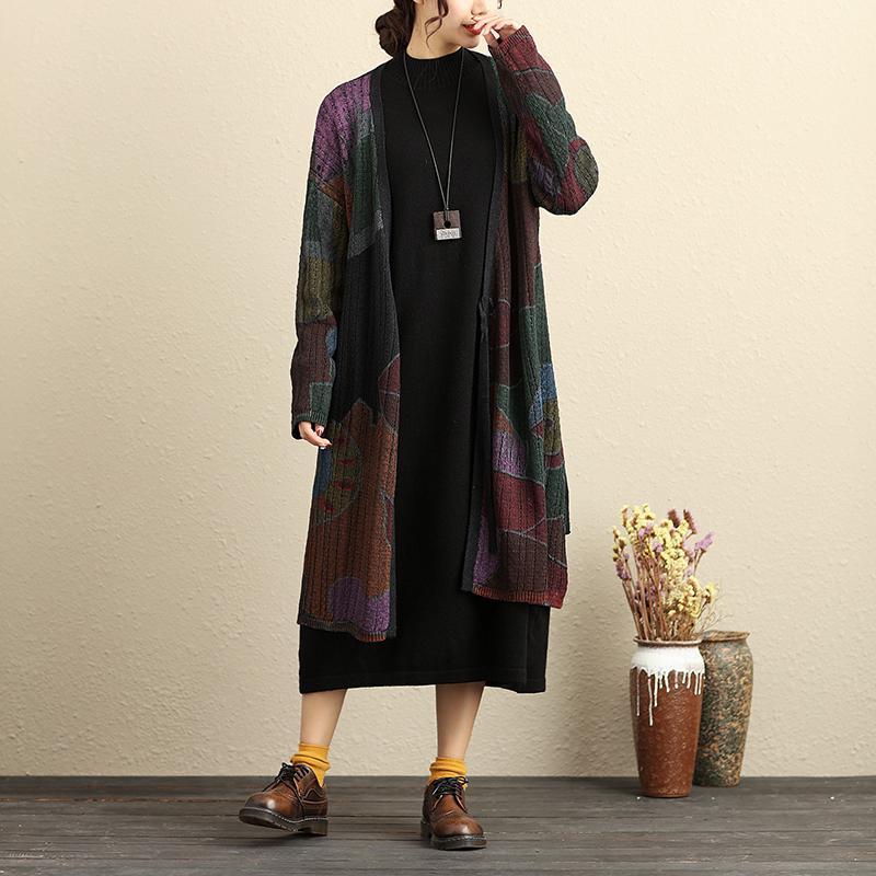 Lacing Long Sleeve Printing Open-Knitting Cardigan Coat