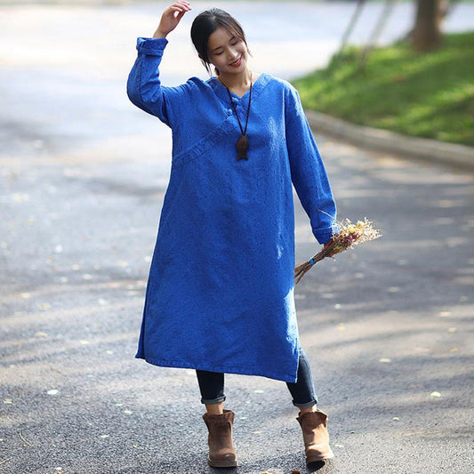 Vintage Women Loose Long Sleeve Split Blue Dress
