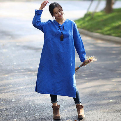 Retro Long Sleeve Pockets Frogs Side Slit Blue Dress