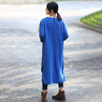 Retro Long Sleeve Pockets Frogs Side Slit Blue Dress