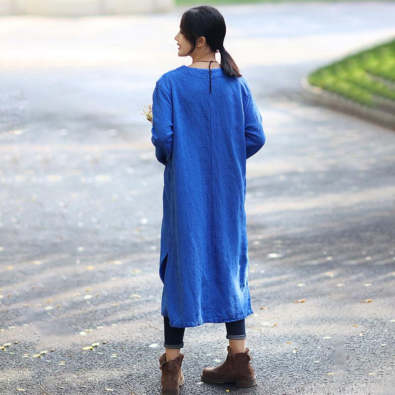 Vintage Women Loose Long Sleeve Split Blue Dress