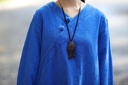 Vintage Women Loose Long Sleeve Split Blue Dress