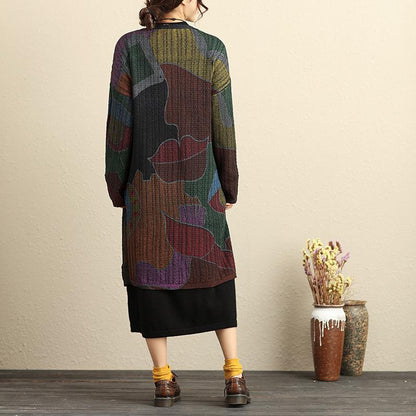 Lacing Long Sleeve Printing Open-Knitting Cardigan Coat