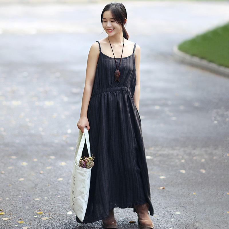 Fashionable Linen Dark Gray Stripe Sleeveless Dress
