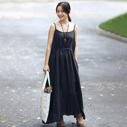 Fashionable Linen Dark Gray Stripe Sleeveless Dress