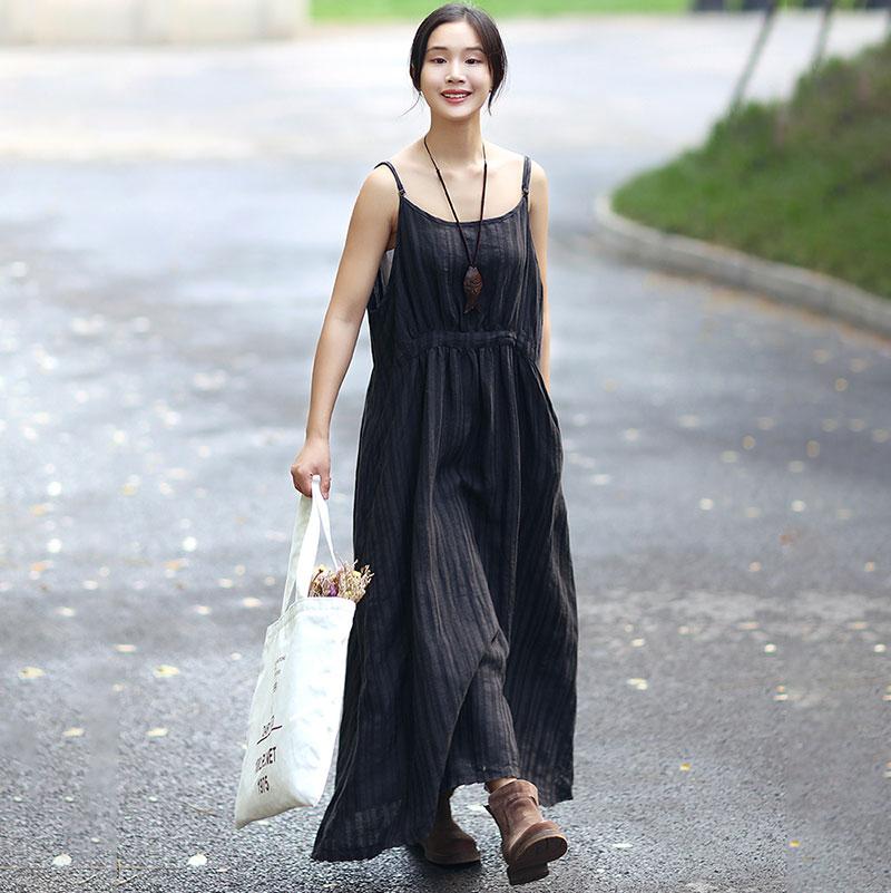 Fashionable Linen Dark Gray Stripe Sleeveless Dress