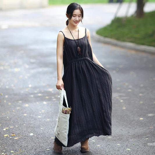 Fashionable Linen Dark Gray Stripe Sleeveless Dress