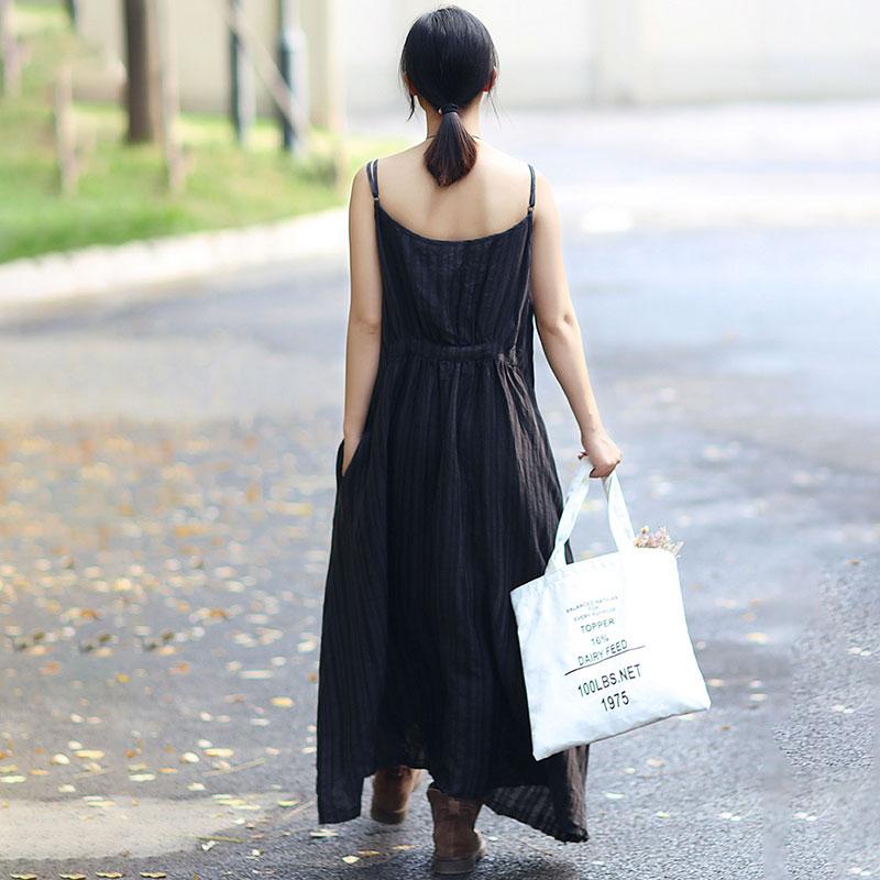 Fashionable Linen Dark Gray Stripe Sleeveless Dress
