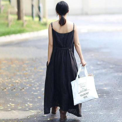 Fashionable Linen Dark Gray Stripe Sleeveless Dress