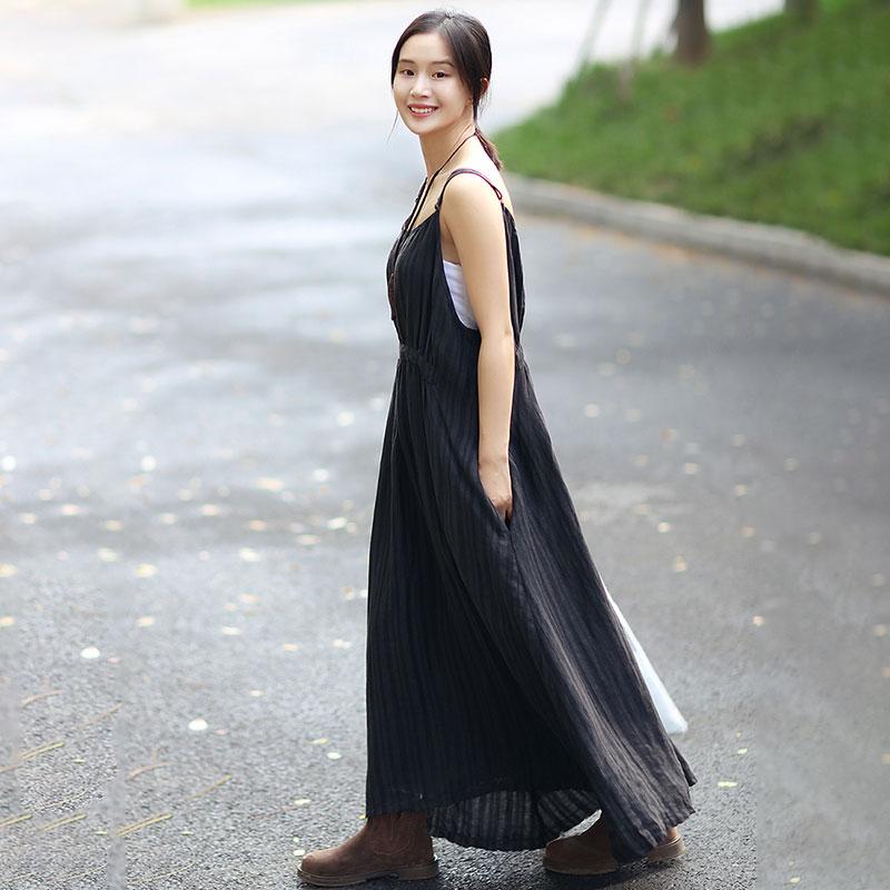 Fashionable Linen Dark Gray Stripe Sleeveless Dress