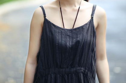 Fashionable Linen Dark Gray Stripe Sleeveless Dress