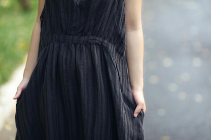 Fashionable Linen Dark Gray Stripe Sleeveless Dress